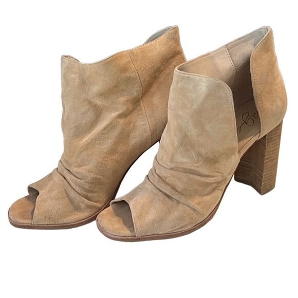 42 Gold Tan Loyalty Suede Open Toe Block Heel Booties Size 10 - Picture 1 of 14